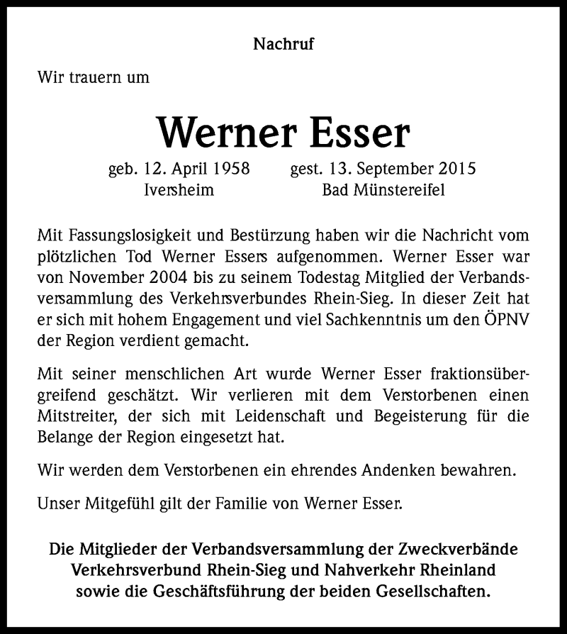  Traueranzeige für Werner Esser vom 19.09.2015 aus Kölner Stadt-Anzeiger / Kölnische Rundschau / Express