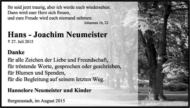  Traueranzeige für Hans - Joachim  Neumeister vom 29.08.2015 aus Kölner Stadt-Anzeiger / Kölnische Rundschau / Express