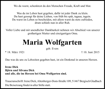 Anzeige von Maria Wolfgarten von Kölner Stadt-Anzeiger / Kölnische Rundschau / Express