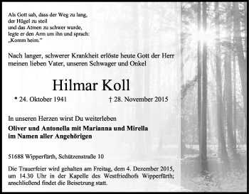 Anzeige von Hilmar Koll von Kölner Stadt-Anzeiger / Kölnische Rundschau / Express