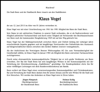 Anzeige von Klaus Vogel von Kölner Stadt-Anzeiger / Kölnische Rundschau / Express