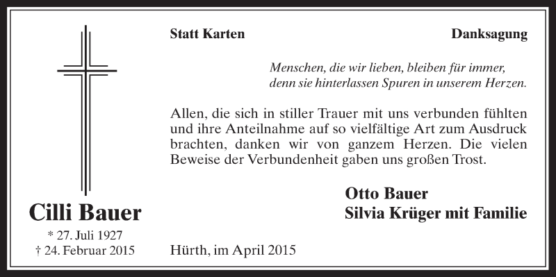  Traueranzeige für Cilli Bauer vom 22.04.2015 aus  Wochenende 