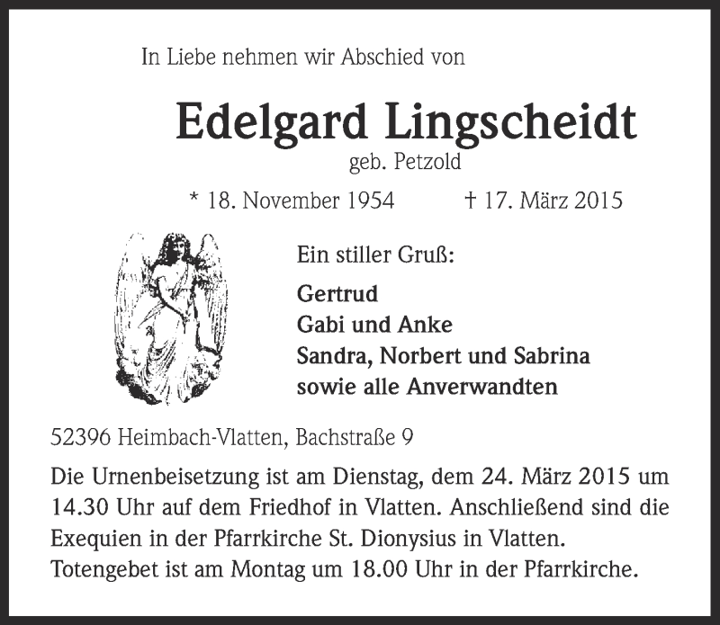  Traueranzeige für Edelgard Lingscheidt vom 22.03.2015 aus  Blickpunkt Euskirchen 