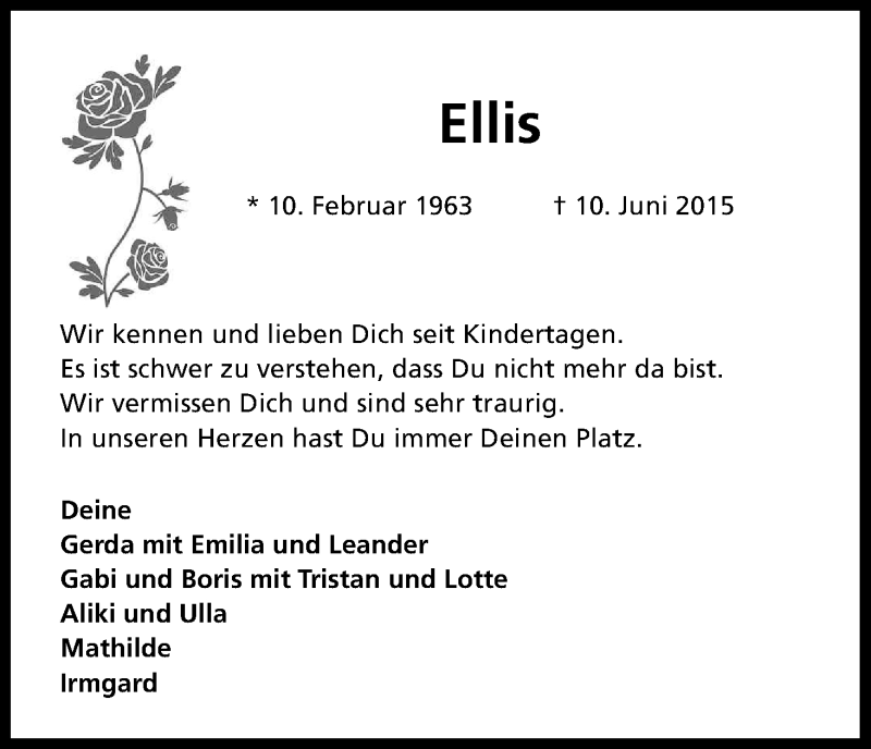  Traueranzeige für Ellis  vom 17.06.2015 aus Kölner Stadt-Anzeiger / Kölnische Rundschau / Express