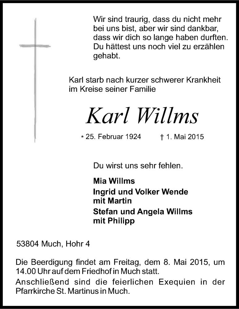  Traueranzeige für Karl Willms vom 05.05.2015 aus Kölner Stadt-Anzeiger / Kölnische Rundschau / Express