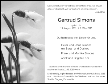 Anzeige von Gertrud Simons von Kölner Stadt-Anzeiger / Kölnische Rundschau / Express