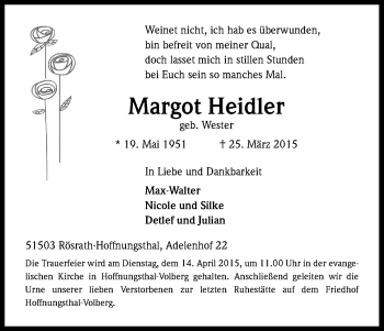 Anzeige von Margot Heidler von Kölner Stadt-Anzeiger / Kölnische Rundschau / Express