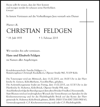 Anzeige von Christian Feldgen von Kölner Stadt-Anzeiger / Kölnische Rundschau / Express