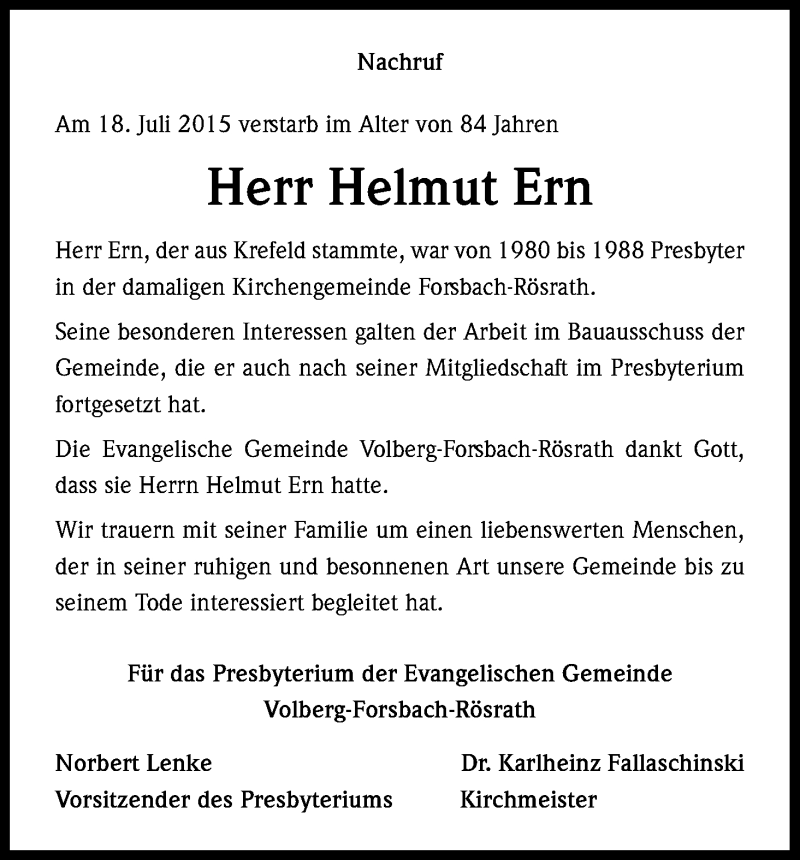 Traueranzeige für Helmut Ern vom 08.08.2015 aus Kölner Stadt-Anzeiger / Kölnische Rundschau / Express