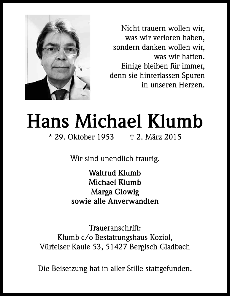  Traueranzeige für Hans Michael Klumb vom 14.03.2015 aus Kölner Stadt-Anzeiger / Kölnische Rundschau / Express