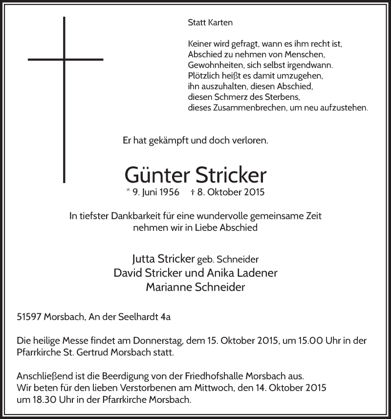  Traueranzeige für Günter Stricker vom 14.10.2015 aus  Lokalanzeiger 