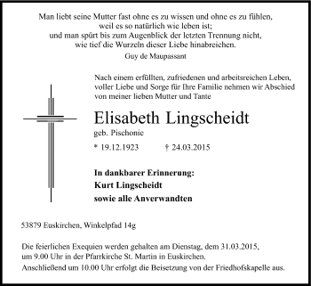 Anzeige von Elisabeth Lingscheidt von Kölner Stadt-Anzeiger / Kölnische Rundschau / Express