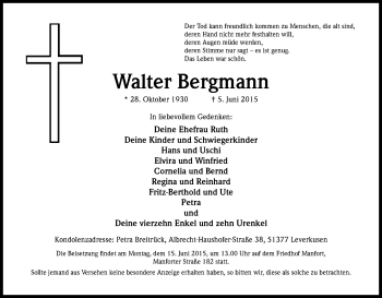 Anzeige von Walter Bergmann von Kölner Stadt-Anzeiger / Kölnische Rundschau / Express