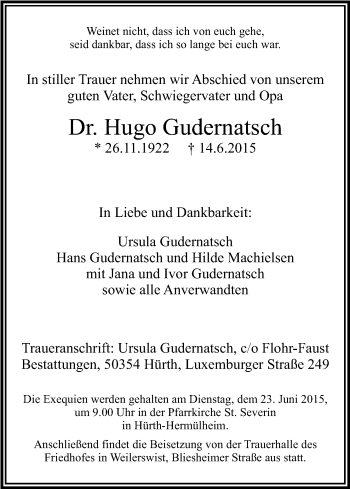Anzeige von Hugo Gudernatsch von Kölner Stadt-Anzeiger / Kölnische Rundschau / Express