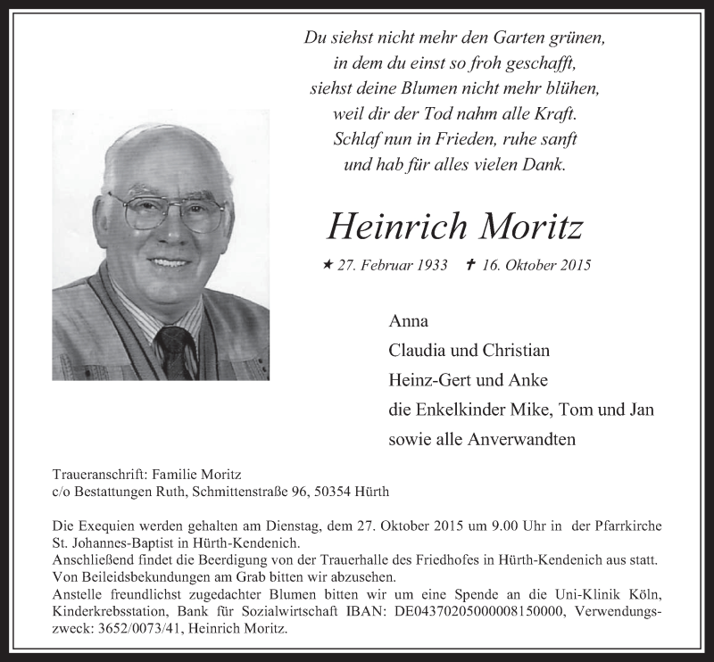  Traueranzeige für Heinrich Moritz vom 21.10.2015 aus  Wochenende 