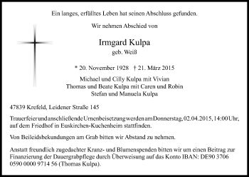 Anzeige von Irmgard Kulpa von Kölner Stadt-Anzeiger / Kölnische Rundschau / Express