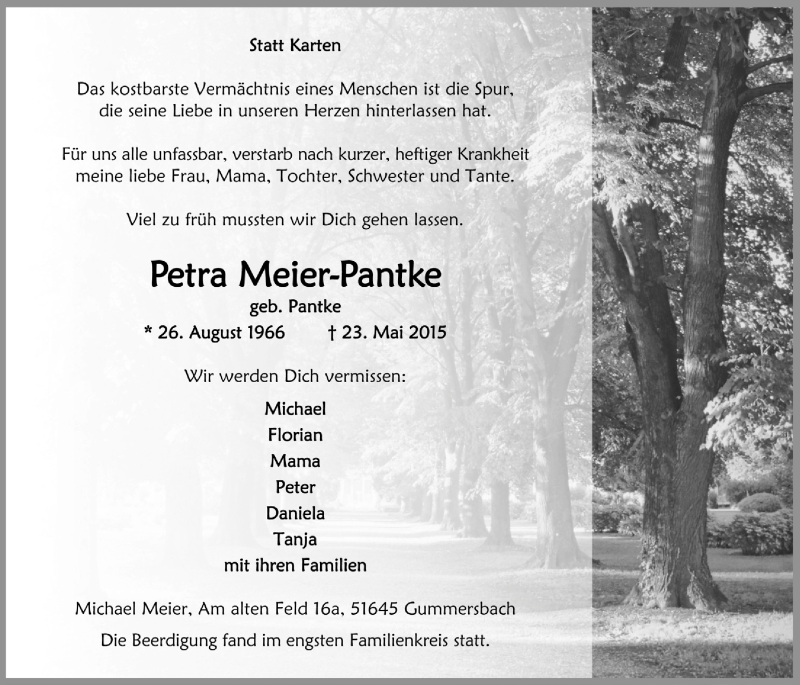  Traueranzeige für Petra Meier-Pantke vom 03.06.2015 aus  Anzeigen Echo 