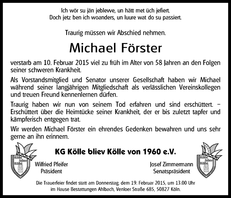  Traueranzeige für Michael Förster vom 17.02.2015 aus Kölner Stadt-Anzeiger / Kölnische Rundschau / Express