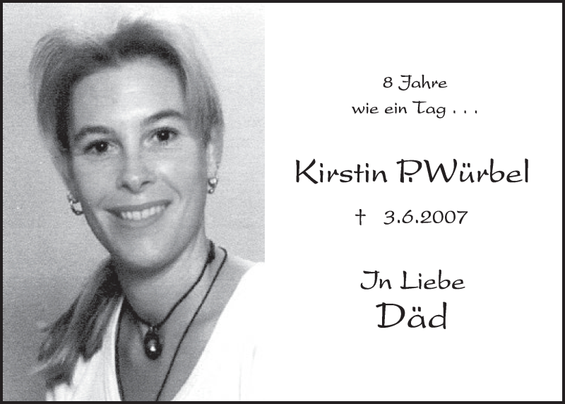  Traueranzeige für Kirstin Würbel vom 03.06.2015 aus  Schlossbote/Werbekurier 