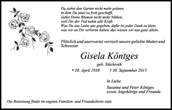 Anzeige von Gisela Köntges von Kölner Stadt-Anzeiger / Kölnische Rundschau / Express