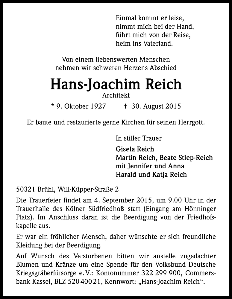  Traueranzeige für Hans-Joachim Reich vom 02.09.2015 aus Kölner Stadt-Anzeiger / Kölnische Rundschau / Express