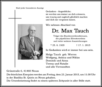 Anzeige von Max Tauch von Kölner Stadt-Anzeiger / Kölnische Rundschau / Express