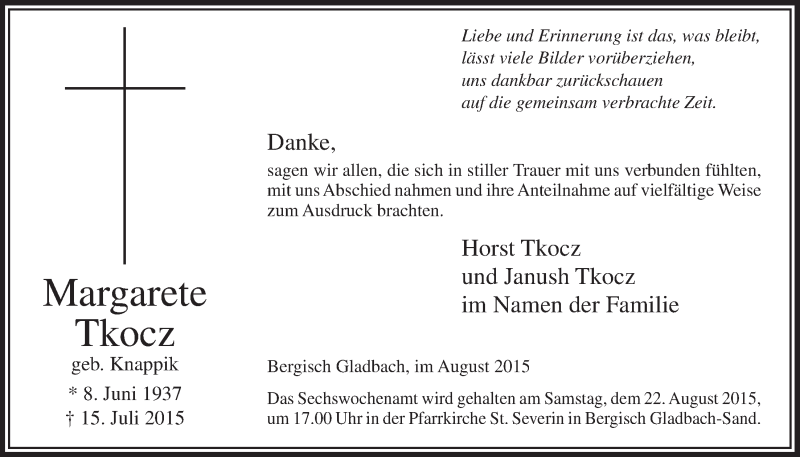  Traueranzeige für Margarete Tkocz vom 19.08.2015 aus  Bergisches Handelsblatt 
