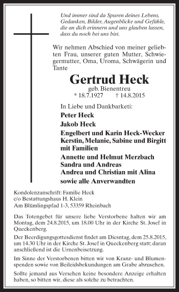 Anzeige von Gertrud Heck von  Schaufenster/Blickpunkt 