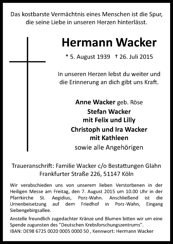  Traueranzeige für Hermann Wacker vom 29.07.2015 aus  Kölner Wochenspiegel 