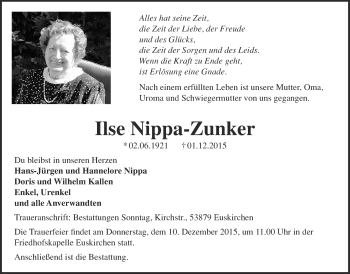 Anzeige von Ilse Nippa-Zunker von  Blickpunkt Euskirchen 