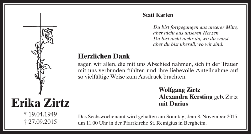  Traueranzeige für Erika Zirtz vom 28.10.2015 aus  Werbepost 