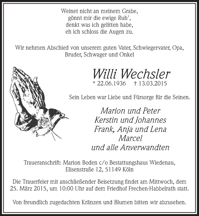  Traueranzeige für Willi Wechsler vom 21.03.2015 aus  Sonntags-Post 
