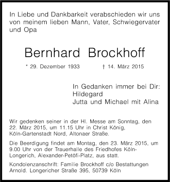 Anzeige von Bernhard Brockhoff von Kölner Stadt-Anzeiger / Kölnische Rundschau / Express
