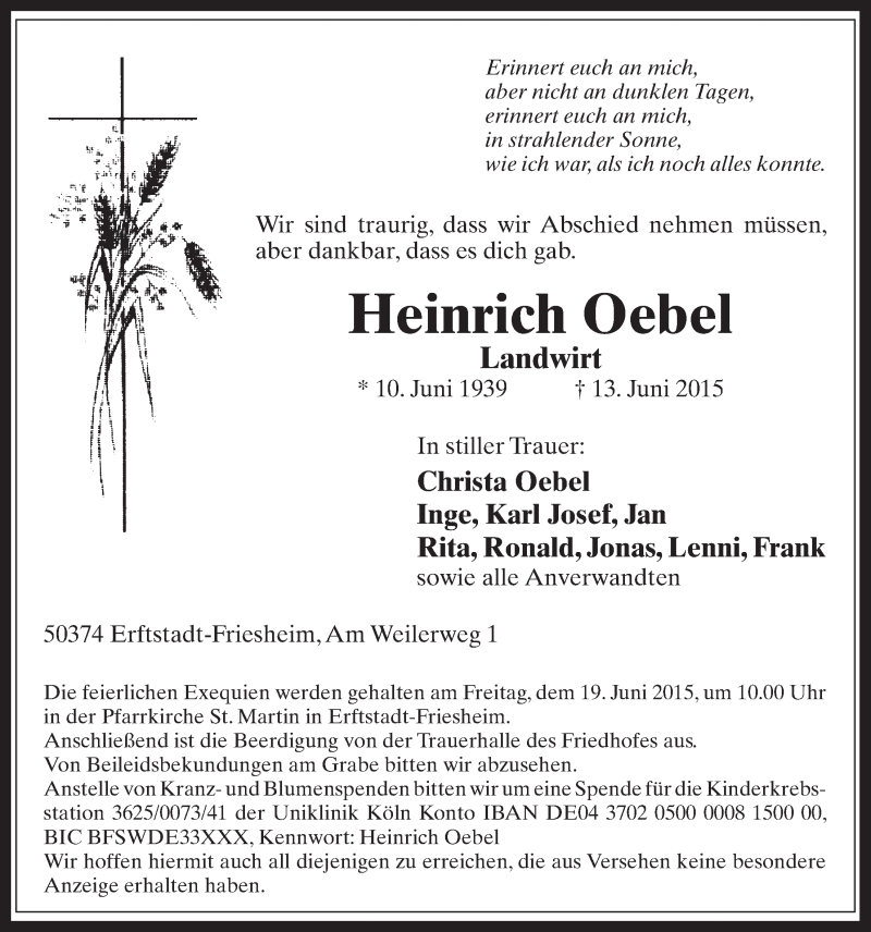  Traueranzeige für Heinrich Oebel vom 17.06.2015 aus  Werbepost 