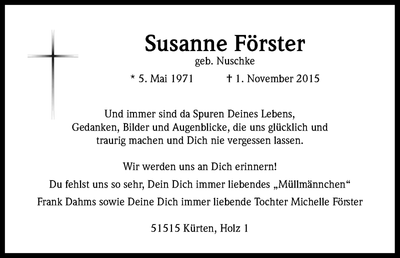  Traueranzeige für Susanne Förster vom 11.11.2015 aus Kölner Stadt-Anzeiger / Kölnische Rundschau / Express