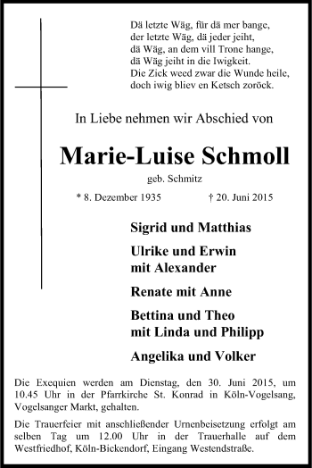 Anzeige von Marie-Luise Schmoll von Kölner Stadt-Anzeiger / Kölnische Rundschau / Express