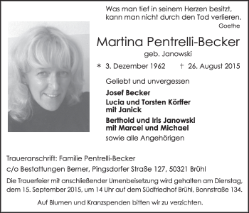 Anzeige von Martina Pentrelli-Becker von  Schlossbote/Werbekurier 