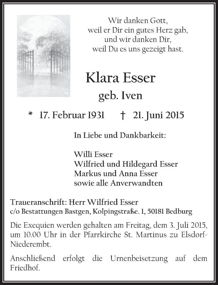  Traueranzeige für Klara Esser vom 01.07.2015 aus  Werbepost 