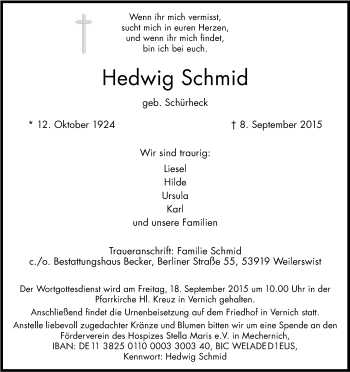 Anzeige von Hedwig Schmid von Kölner Stadt-Anzeiger / Kölnische Rundschau / Express