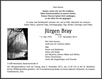 Anzeige von Jürgen Bray von Kölner Stadt-Anzeiger / Kölnische Rundschau / Express