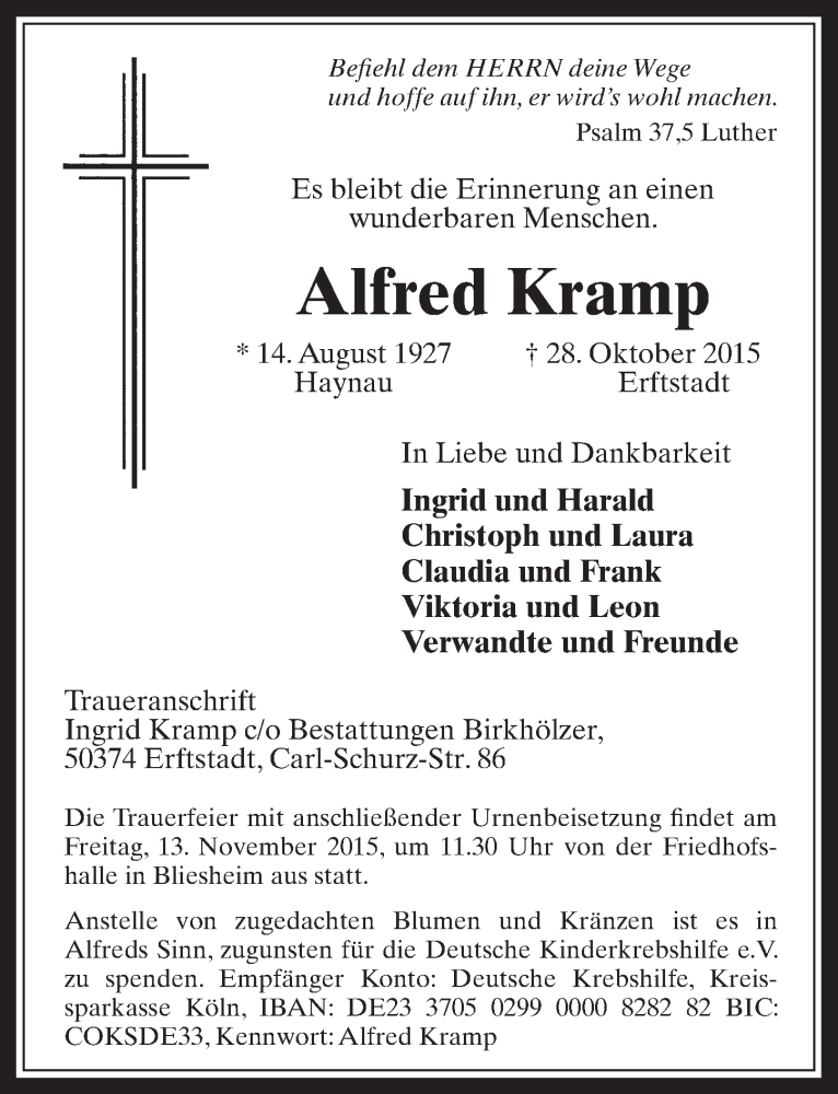  Traueranzeige für Alfred Kramp vom 11.11.2015 aus  Werbepost 