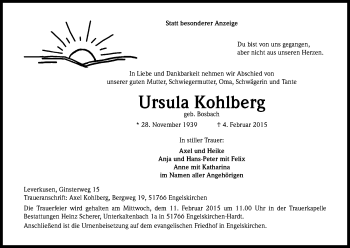 Anzeige von Ursula Kohlberg von Kölner Stadt-Anzeiger / Kölnische Rundschau / Express