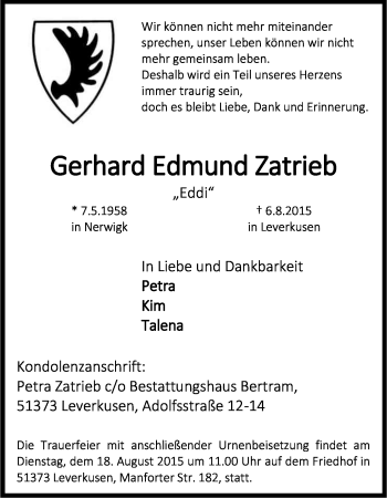 Anzeige von Gerhard Edmund Zatrieb von Kölner Stadt-Anzeiger / Kölnische Rundschau / Express