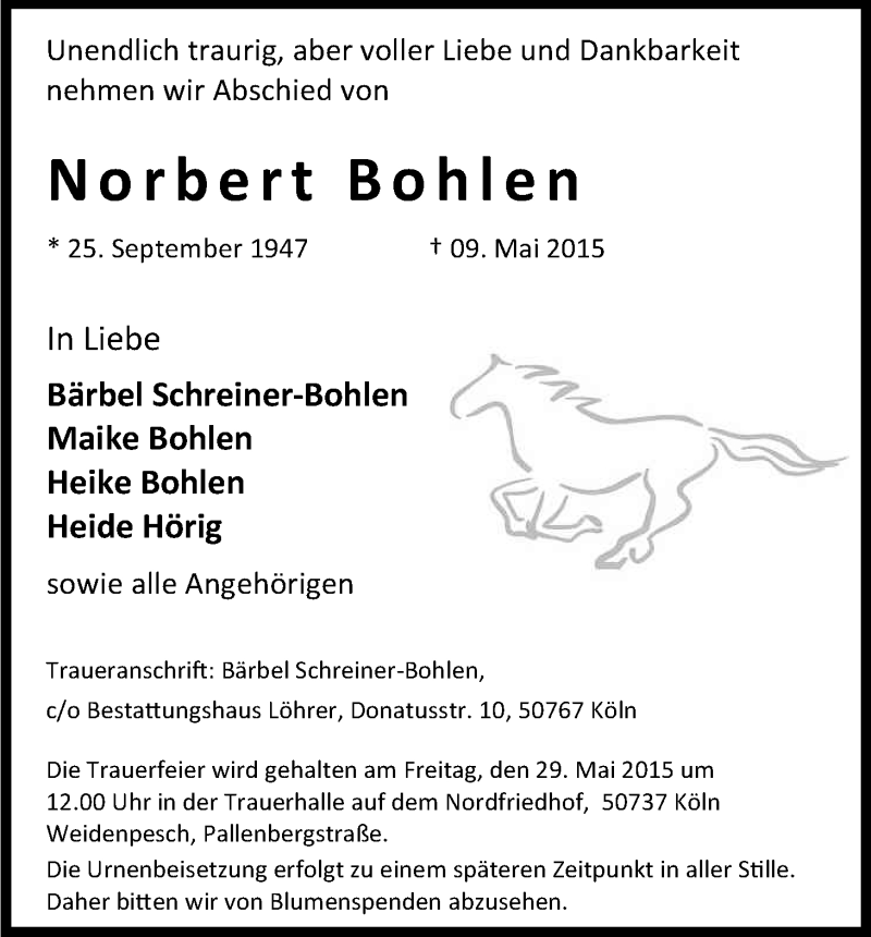  Traueranzeige für Norbert Bohlen vom 23.05.2015 aus Kölner Stadt-Anzeiger / Kölnische Rundschau / Express