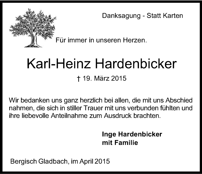  Traueranzeige für Karl-Heinz Hardenbicker vom 29.04.2015 aus Kölner Stadt-Anzeiger / Kölnische Rundschau / Express