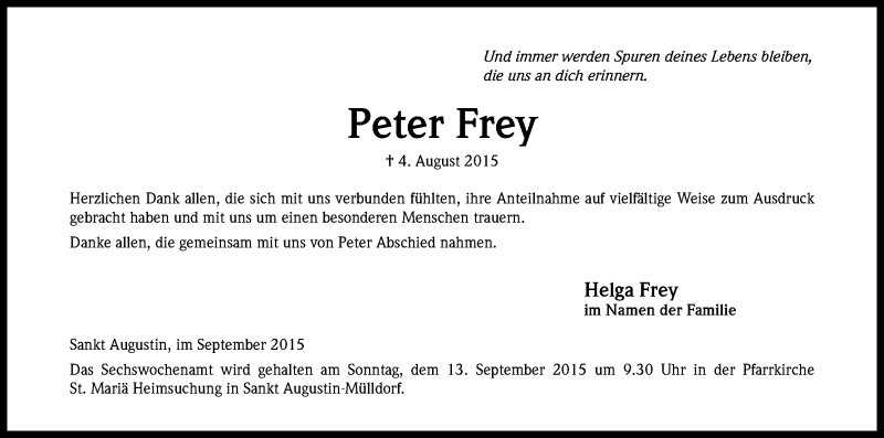  Traueranzeige für Peter Frey vom 29.08.2015 aus Kölner Stadt-Anzeiger / Kölnische Rundschau / Express