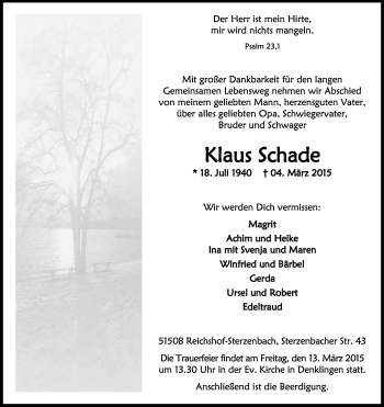 Anzeige von Klaus Schade von Kölner Stadt-Anzeiger / Kölnische Rundschau / Express