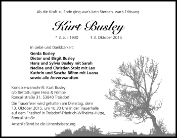 Anzeige von Kurt Busley von Kölner Stadt-Anzeiger / Kölnische Rundschau / Express