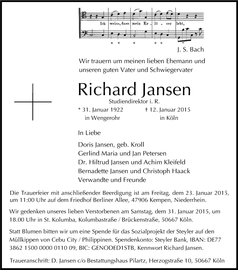  Traueranzeige für Richard Jansen vom 17.01.2015 aus Kölner Stadt-Anzeiger / Kölnische Rundschau / Express