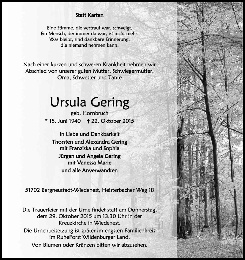  Traueranzeige für Ursula Gering vom 24.10.2015 aus Kölner Stadt-Anzeiger / Kölnische Rundschau / Express
